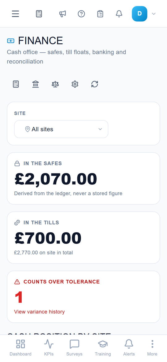 Screenshot of the Zynthio cash office screen showing safe and till totals and one count over tolerance.