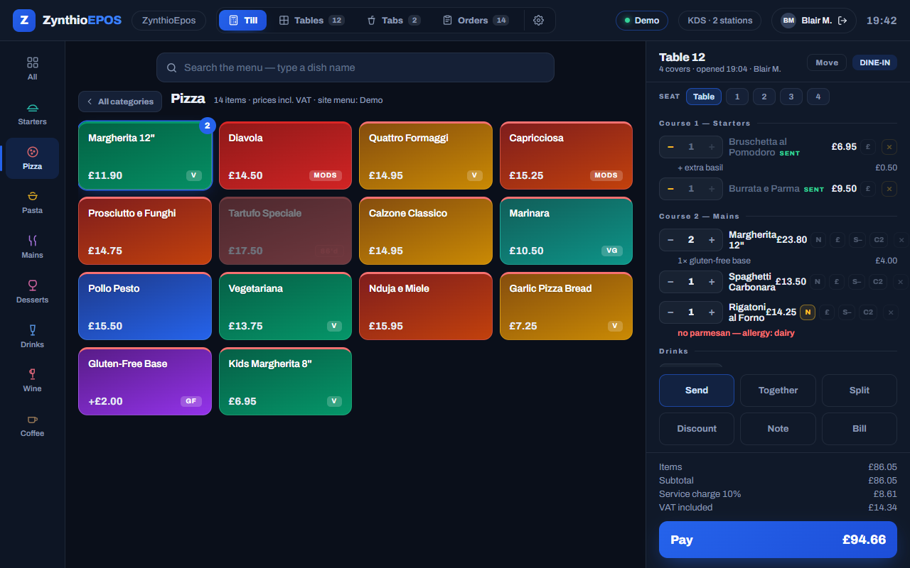 Screenshot of the ZynthioEPOS till screen with a pizza menu grid and an open table order.