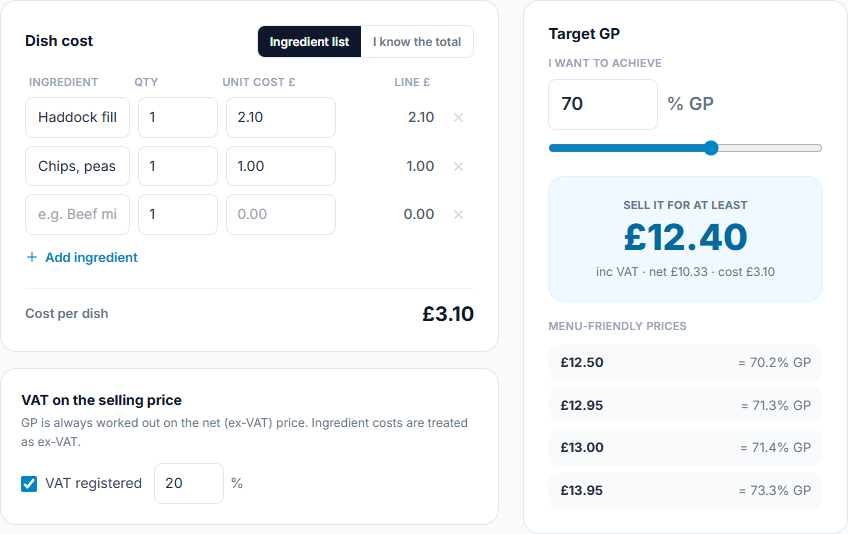 Screenshot of the Zynthio GP calculator costing a dish and suggesting menu prices for seventy per cent GP.